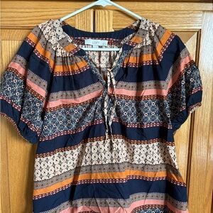 LOFT Blue and Orange Flutter Sleeve Blouse Tie Front